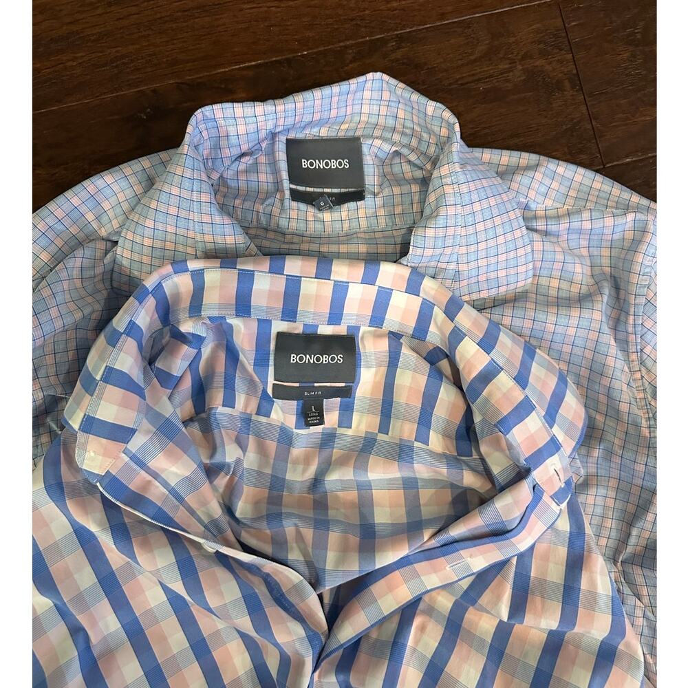 BONOBOS Button Down Shirt SLIM Fit LARGE LONG Lot 2 Mens Plaid Blue White Pink